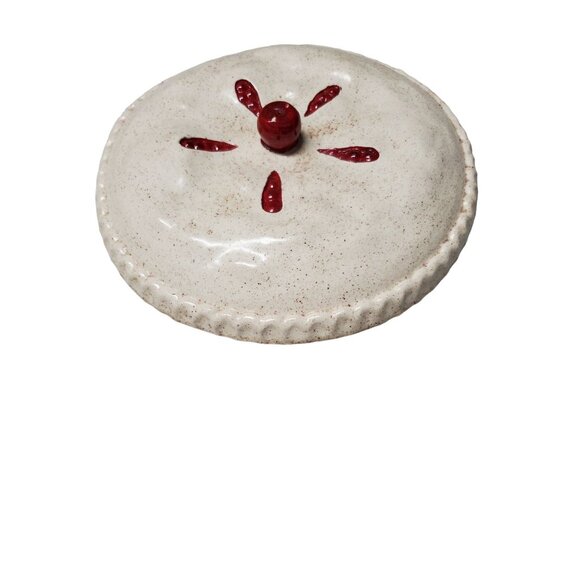 Vintage 10" Wide Ceramic Covered Pie Dish w/ Cherry Shaped Handle / Pie Keeper, - Picture 6 of 6